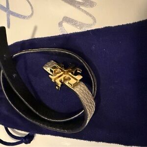 Tory Burch Black Leather Bracelet with Gold Buckle